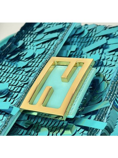 Fendi Small Sequins and Leather Baguette Flap Shoulder Bag Light Blue 8601s Blue 860 2523687