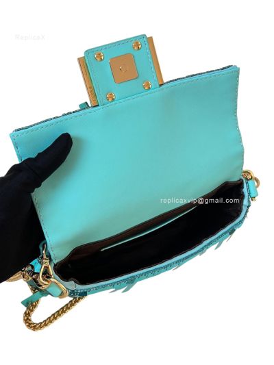 Fendi Small Sequins and Leather Baguette Flap Shoulder Bag Light Blue 8601s Blue 860 2523687