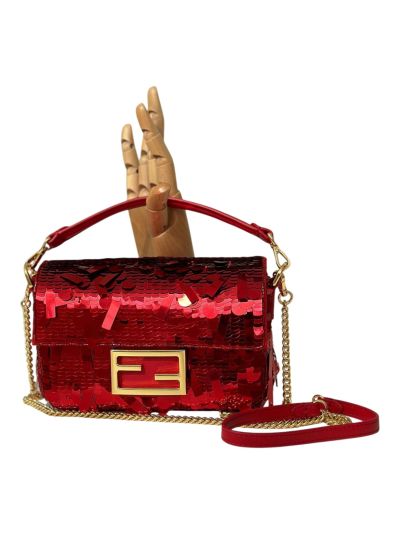 Fendi Small Sequins and Leather Baguette Flap Shoulder Bag Red 8601s
