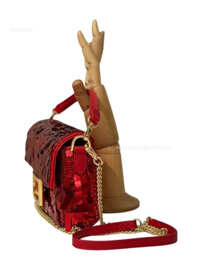 Fendi Small Sequins and Leather Baguette Flap Shoulder Bag Red 8601s Red 860 2523684