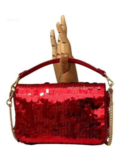 Fendi Small Sequins and Leather Baguette Flap Shoulder Bag Red 8601s Red 860 2523684