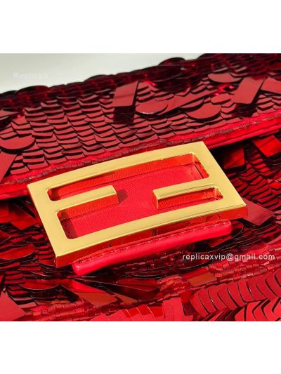Fendi Small Sequins and Leather Baguette Flap Shoulder Bag Red 8601s Red 860 2523684