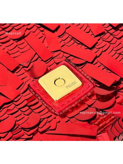 Fendi Small Sequins and Leather Baguette Flap Shoulder Bag Red 8601s Red 860 2523684