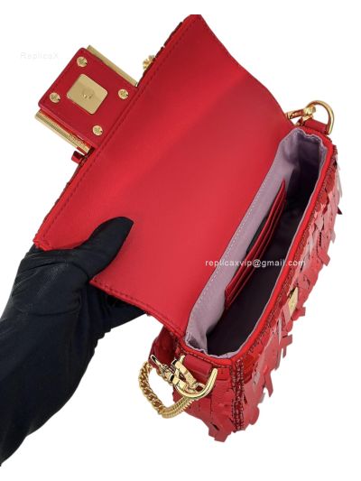 Fendi Small Sequins and Leather Baguette Flap Shoulder Bag Red 8601s Red 860 2523684