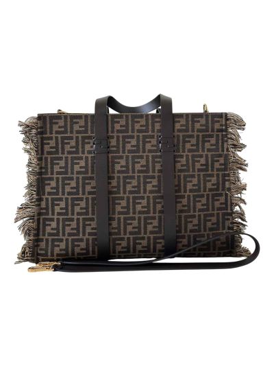 Fendi Summer Tote Shoulder Crossbody Bag Brown FF Jacquard Fabric A8683