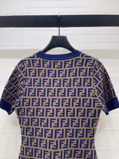 Fendi V-Neck Short Sleeve Dress in Blue and Beige