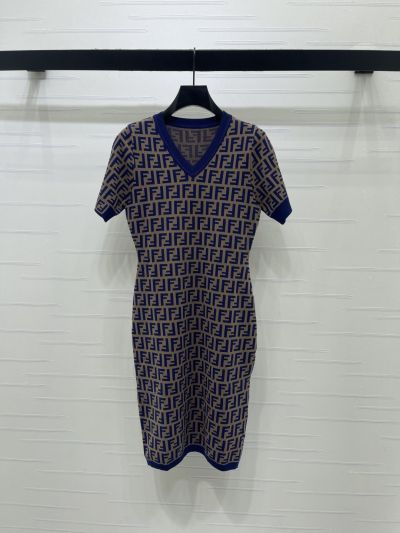 Fendi V-Neck Short Sleeve Dress in Blue and Beige