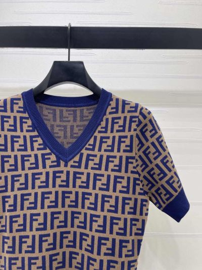 Fendi V-Neck Short Sleeve Dress in Blue and Beige
