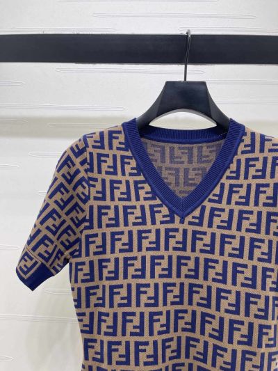 Fendi V-Neck Short Sleeve Dress in Blue and Beige