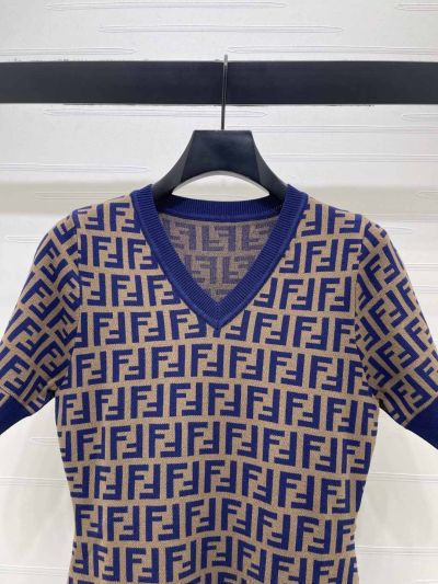 Fendi V-Neck Short Sleeve Dress in Blue and Beige