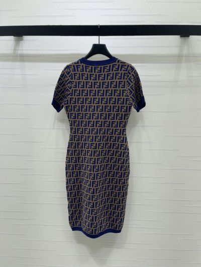 Fendi V-Neck Short Sleeve Dress in Blue and Beige