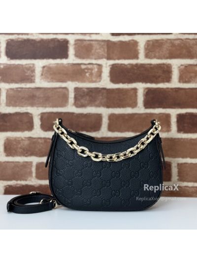 Gucci GG Emblem Small Hobo Shoulder Bag Black GG Grainy Leather 815409