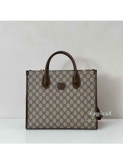 Gucci GG Small Tote Shoulder Bag with Interlocking G 659983 in Beige GG Supreme Canvas