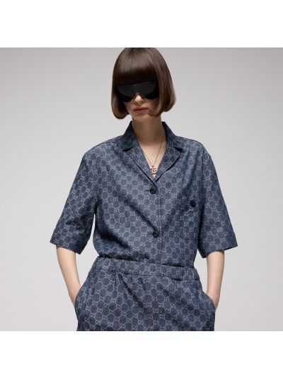 Gucci Button-Front Monogram Jumpsuit in Navy