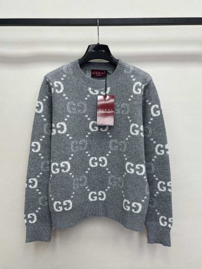 Gucci Crew Neck Cashmere Knit Top in Grey