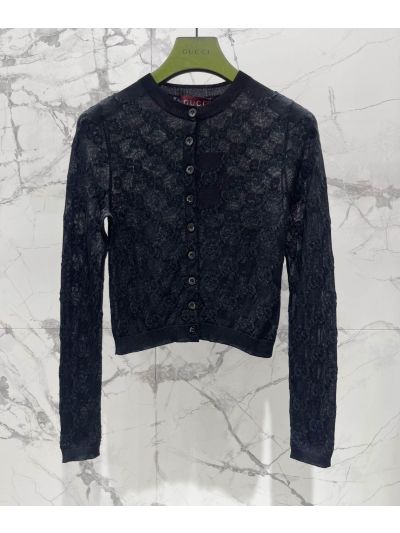 Gucci Crew Neck Denim Cardigan in Navy