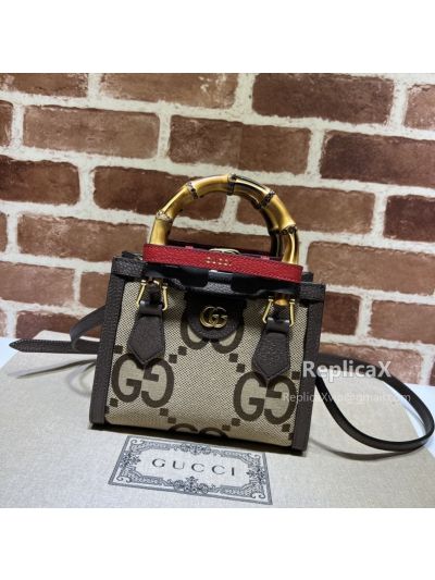 Gucci Diana Jumbo GG Mini Tote Bag in Camel and Ebony Canvas 655661