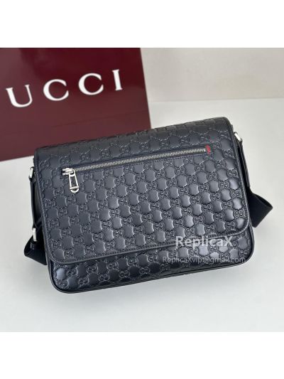 Gucci GG Embossed Medium Messenger Bag in Black GG Embossed Leather 696009