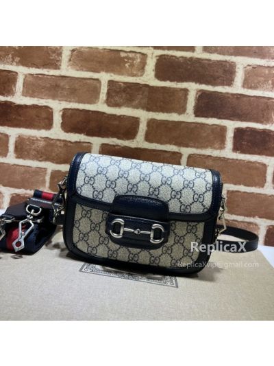 Gucci Horsebit 1955 Mini Blue Leather and GG Canvas Bag 658574