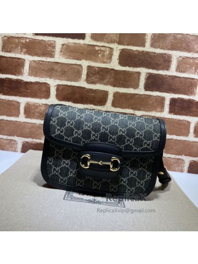 Gucci Horsebit 1955 Shoulder Bag Black GG Denim Canvas 602204