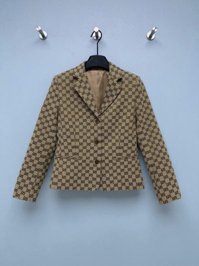 Gucci Jacquard Double-Breasted Blazer in Beige and Brown