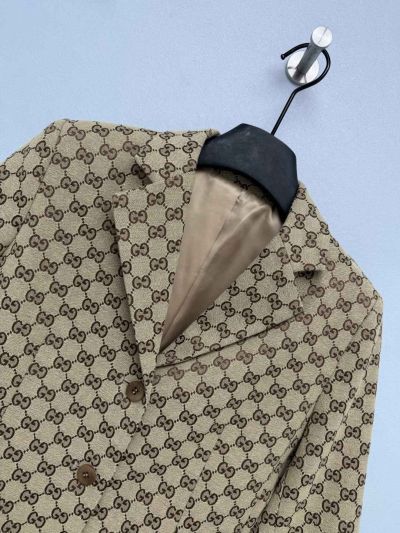 Gucci Jacquard Double-Breasted Blazer in Beige and Brown