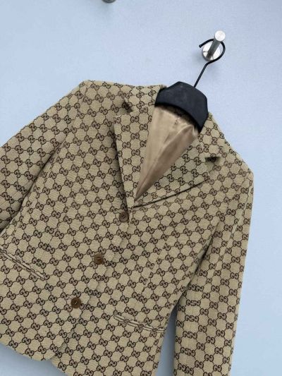 Gucci Jacquard Double-Breasted Blazer in Beige and Brown