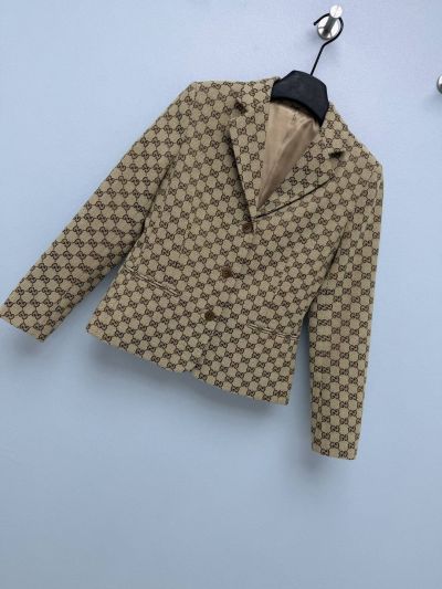 Gucci Jacquard Double-Breasted Blazer in Beige and Brown
