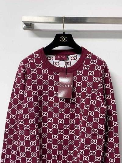 Gucci Long Sleeve Monogram Knit Top in Burgundy