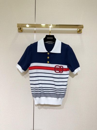 Gucci Turn-Down Collar Short Sleeve Top in Navy and White