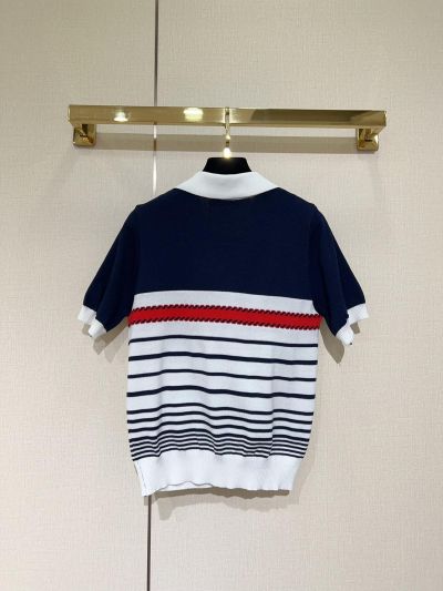 Gucci Turn-Down Collar Short Sleeve Top in Navy and White