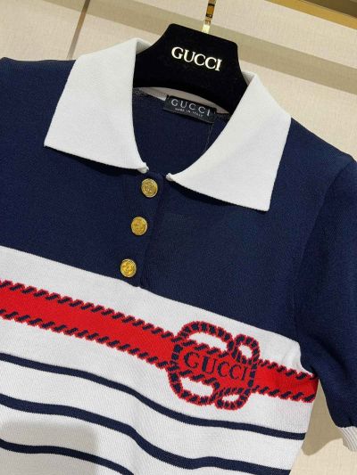 Gucci Turn-Down Collar Short Sleeve Top in Navy and White