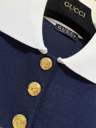 Gucci Turn-Down Collar Short Sleeve Top in Navy and White