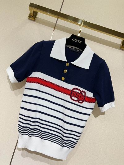 Gucci Turn-Down Collar Short Sleeve Top in Navy and White