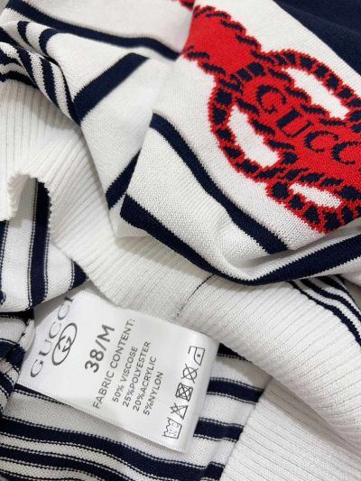 Gucci Turn-Down Collar Short Sleeve Top in Navy and White