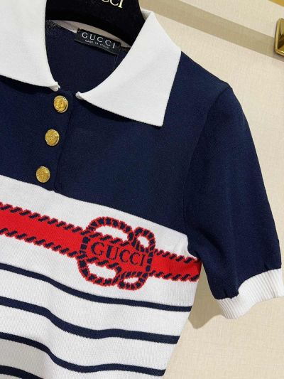 Gucci Turn-Down Collar Short Sleeve Top in Navy and White