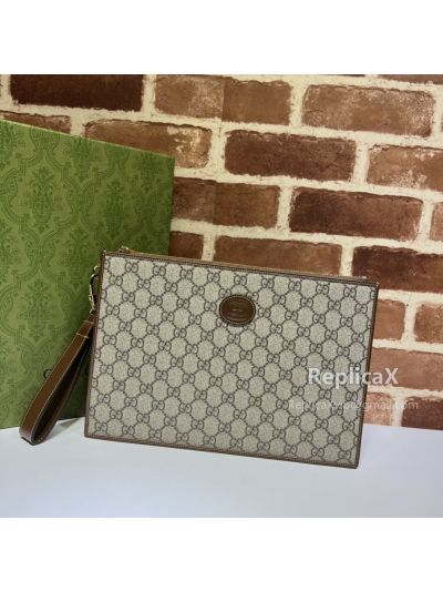 Gucci Zip Wristlet Pouch in Beige and Blue GG Supreme Canvas 672953 620835