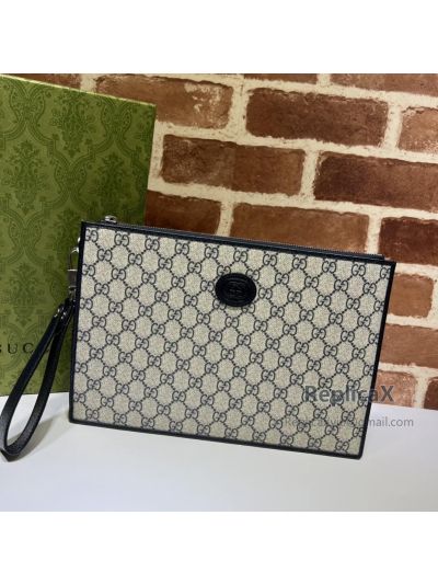 Gucci Zip Wristlet Pouch in Beige and Blue GG Supreme Canvas 672953 620836