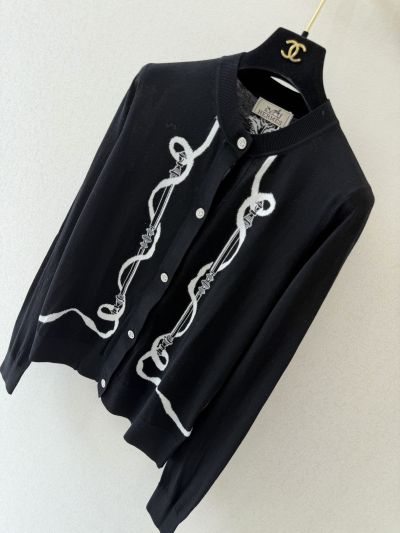 Hermes Crew Neck Long Sleeve Cardigan in Black