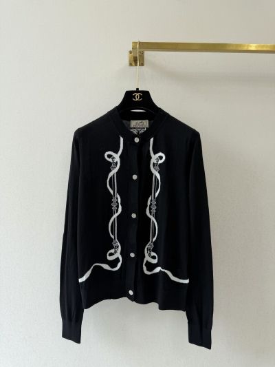Hermes Crew Neck Long Sleeve Cardigan in Black