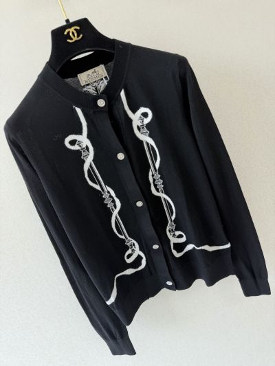Hermes Crew Neck Long Sleeve Cardigan in Black