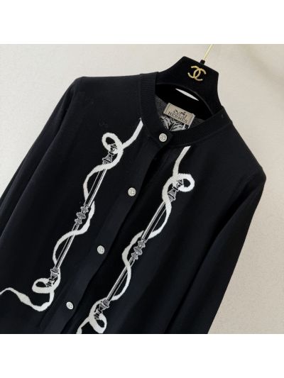 Hermes Crew Neck Long Sleeve Cardigan in Black