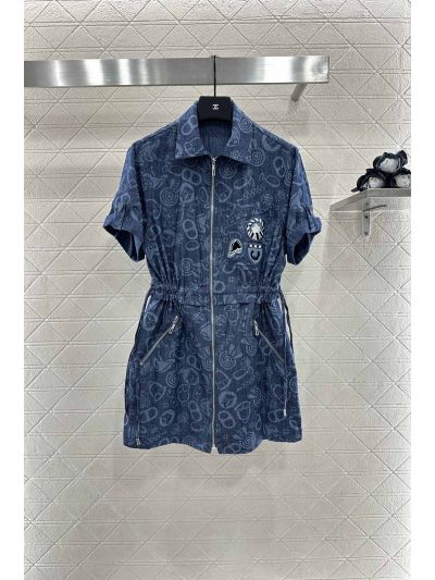 Hermes Embroidered Denim Dress in Navy