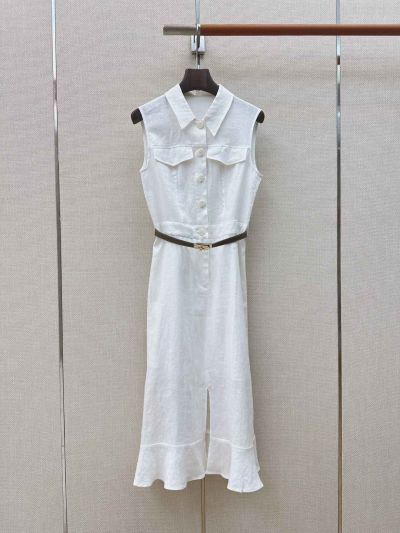 Hermes Linen Belted Dress in White and Brown
