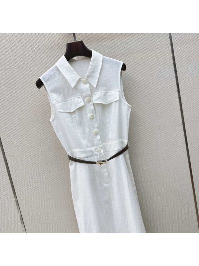 Hermes Linen Belted Dress in White and Brown
