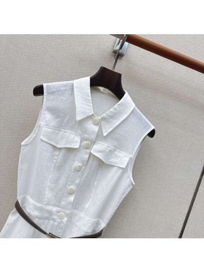 Hermes Linen Belted Dress in White and Brown