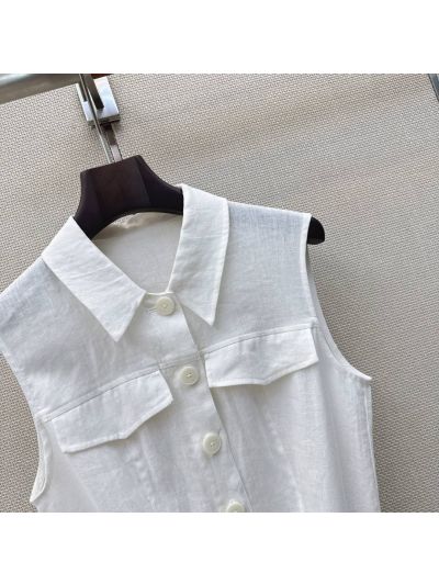 Hermes Linen Belted Dress in White and Brown