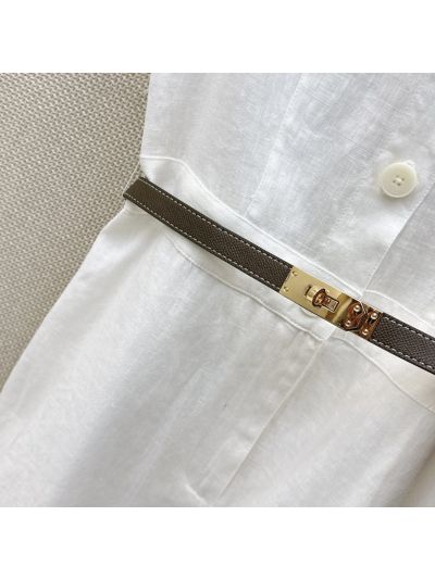 Hermes Linen Belted Dress in White and Brown