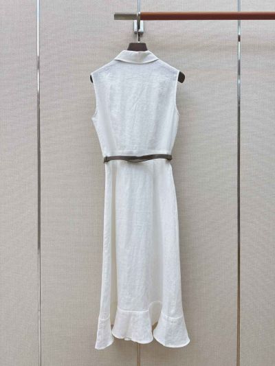 Hermes Linen Belted Dress in White and Brown