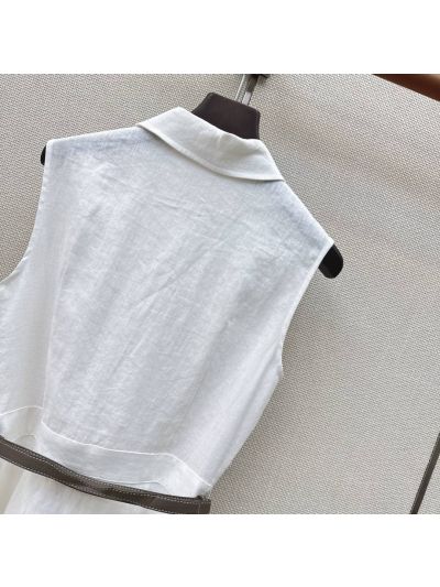 Hermes Linen Belted Dress in White and Brown